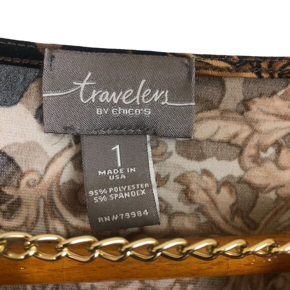 Chico's Travelers Animal Print Top Sz 1 (Medium) Baroque Brown Gold Chain Detail - Picture 3 of 9